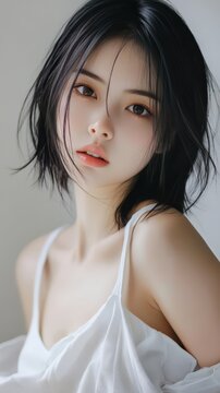 Soft Portrait of Beautiful Asian Woman with Short Hair in White Dress