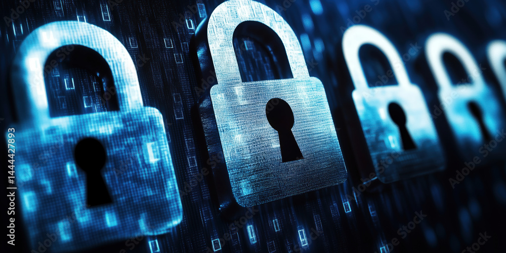 Poster digital security locks representing cybersecurity and data protection concepts.
