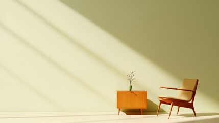 Sunny Minimalist Room Interior Design: Wooden Chair and Cabinet in a Light Green Room