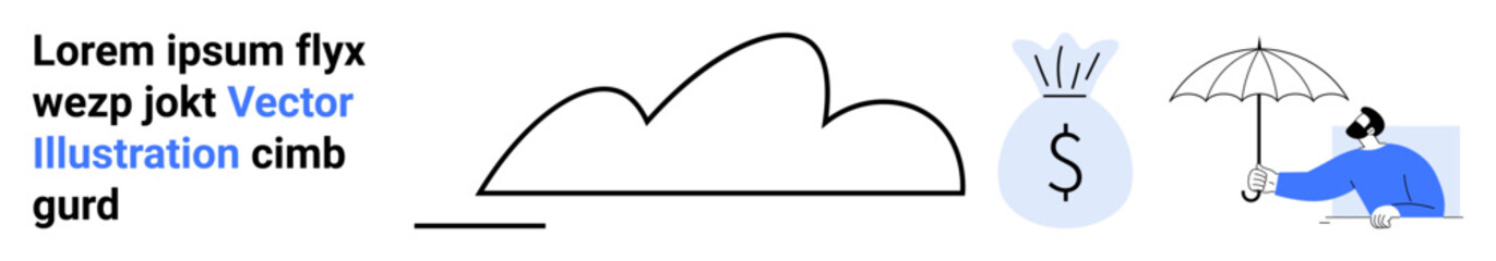 Cloud icon, money bag with dollar sign, person under an umbrella. Ideal for finance, investment, insurance, technology, savings, data safety simple landing page