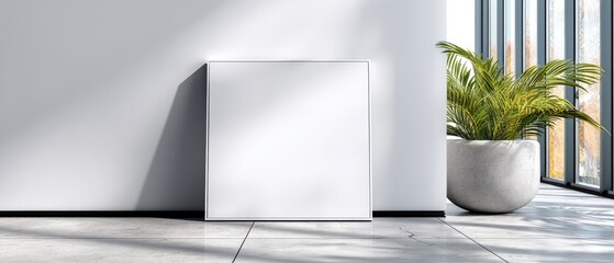 Obraz premium Minimalist interior with a blank square canvas, sunlight, and a potted green plant beside large windows.