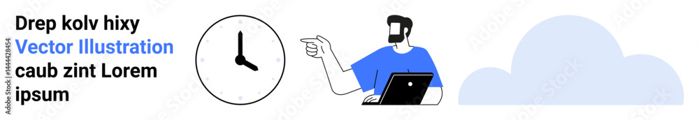 Poster man holding a laptop pointing at a clock, next to a cloud. ideal for time management, productivity, 
