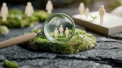 Focus on talent, magnifying glass revealing key individuals talent search recruitment wooden figures