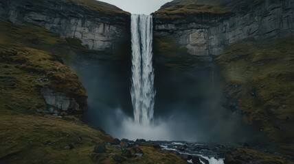 Powerful waterfall cascades down a dramatic rocky cliff face