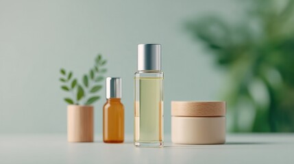 close-up of natural skincare products with minimalist design including diverse bottles and jars