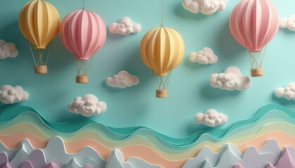Hot Air Balloons and Clouds with Colorful Mountains - Dreamy Pastel Artwork