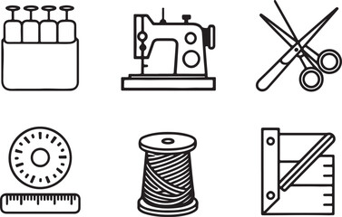 Set of 6 outline icons related to sewing, crafting, cloth making elements, machine, engagement ribbon and more. Linear icon collection. Editable stroke line art. Vector illustration.