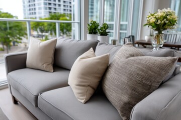 Fototapeta premium The image showcases a cozy sofa adorned with various decorative cushions, set against a bright window view, creating an inviting and stylish living space.