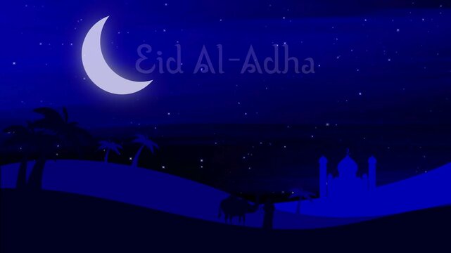 Eid Al Adha Animated Loop Concept for Greeting Cards, Festive Videos, and Spiritual Celebrations &ndash; Serene Night Background, Glowing Elements, and Religious Vibes