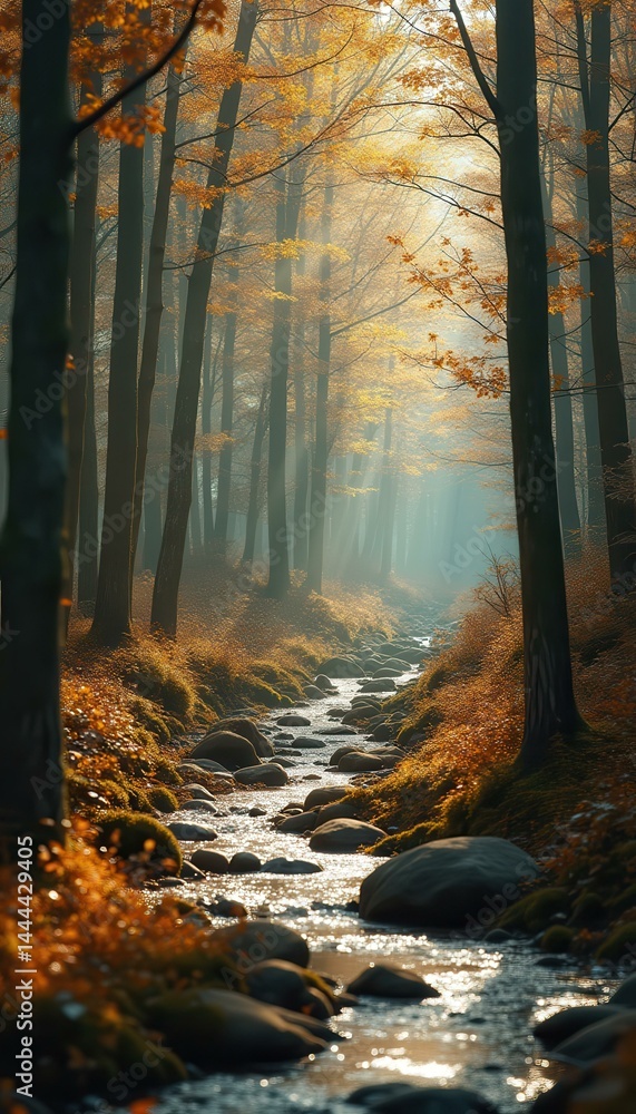 Poster serene autumn forest scene with gentle stream and golden light, creating a tranquil and natural atmo