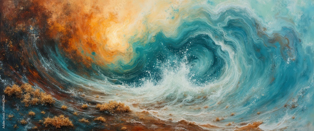 Poster abstract painting of tumultuous water swirl with vibrant colors, capturing dynamic movement and text