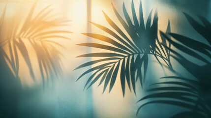 Obraz premium Soft sunlight filtering through palm leaves, casting dramatic shadows on a wall