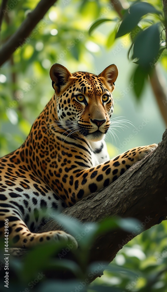 Poster captivating portrait of a leopard relaxing on a tree branch amidst lush green foliage, showcasing it