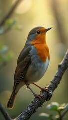 European Robin Perched on a Branch in Soft Sunlight, Detailed Plumage and Forest Setting