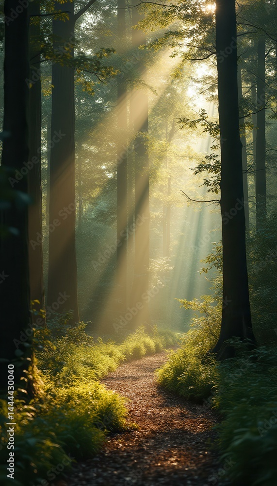 Aufkleber Sunbeams filter through trees illuminating a forest path, creating an ethereal, serene atmosphere.