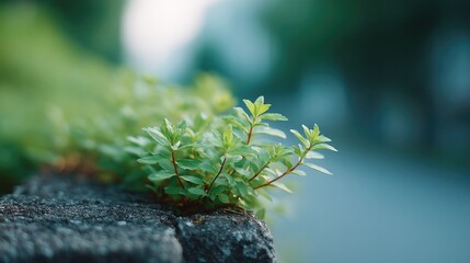 close-up of urban greenery emerging from pavement cracks