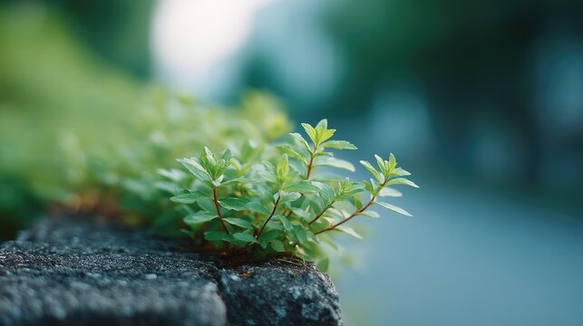 close-up of urban greenery emerging from pavement cracks