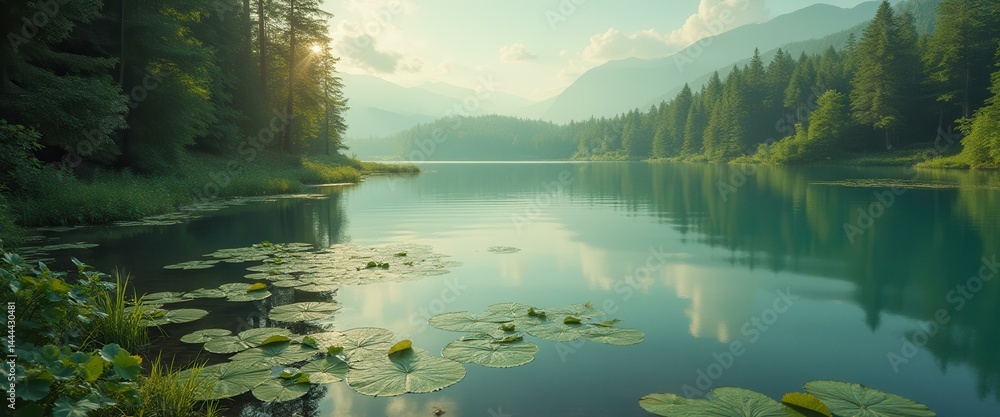 Poster serene lake scene with lily pads and lush green forest reflecting in calm waters, mountain backdrop