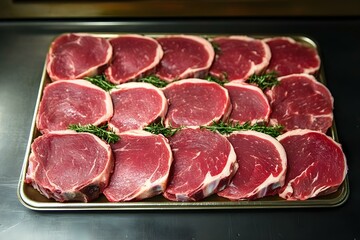 Fototapeta premium Title: Slices of Marbled Beef Arranged Neatly on a Tray Showcasing Premium Quality