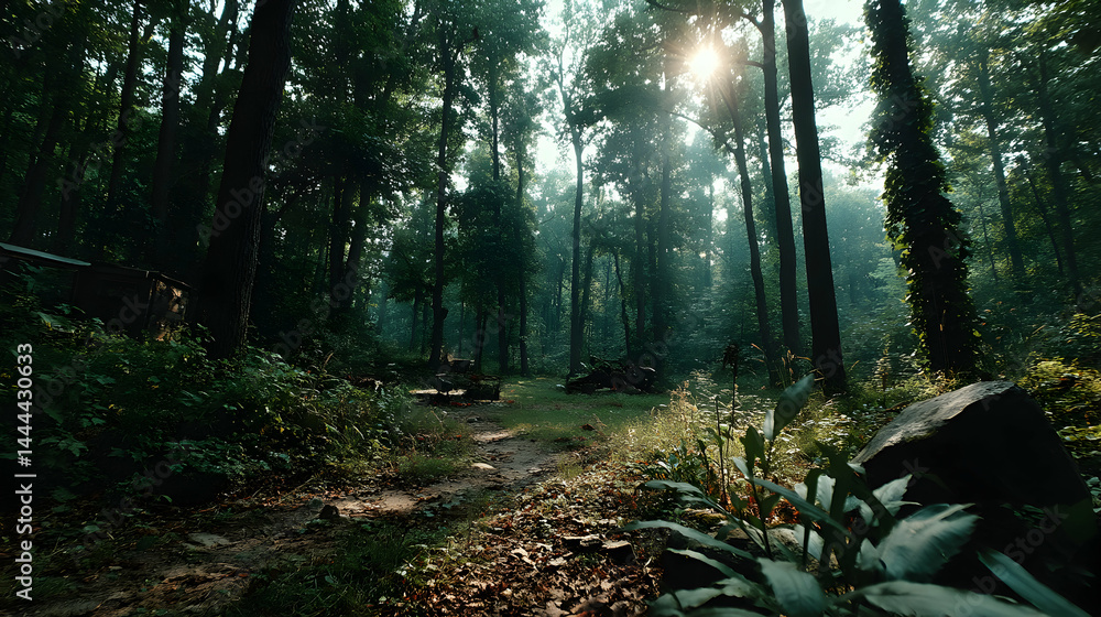 Poster sunbeams illuminate a tranquil forest path, dappled sunlight filters through lush green canopy, crea