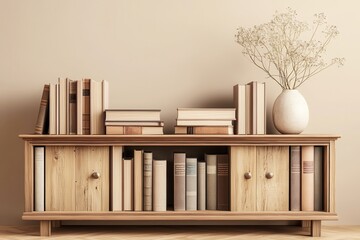 Wooden cabinet filled with books and a vase of flowers on top in a neutral colored room setting indoors