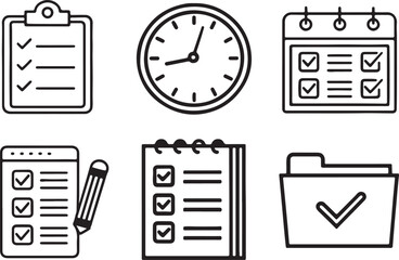 Set of 6 outline icons related to task management, to do list, workplace, space, time and clock, file and more. Linear icon collection. Editable stroke line art. Vector illustration.