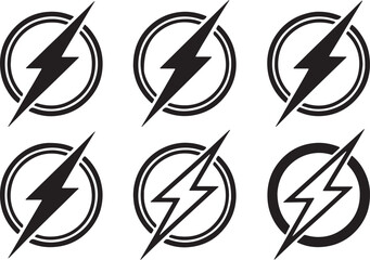 Set of 6 outline icons related to thunder and flash lightning in circle elements. Linear icon collection. Editable stroke line art. Vector illustration.