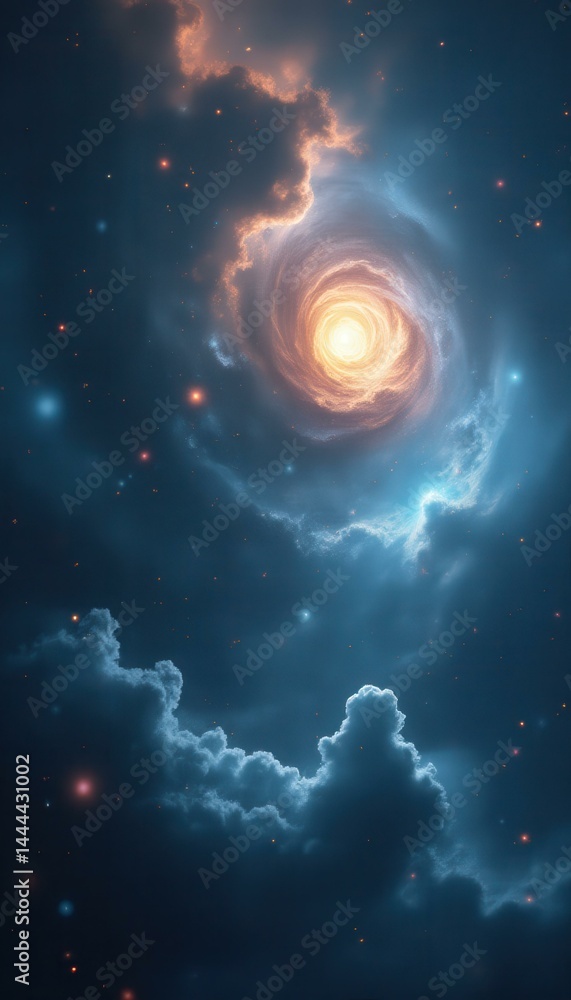 Poster ethereal galaxy formation with swirling nebula and celestial clouds in deep space