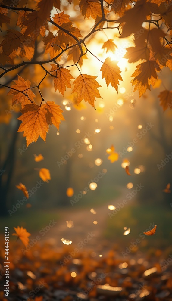 Poster Golden Autumn Pathway: Sunlight Filtering Through Maple Leaves on a Foggy Path, Creating a Serene and Enchanting Seasonal Scene
