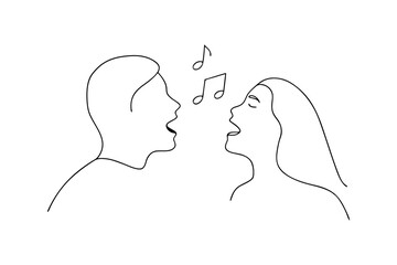 Minimalist line art of a man and woman singing together with musical notes