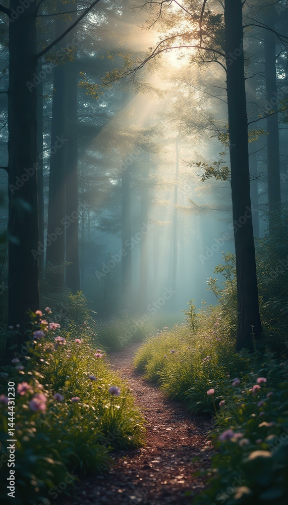Poster tranquil path through a misty forest with sunbeams and wildflowers, creating an ethereal natural lan