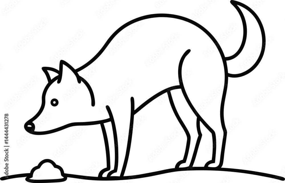 Poster curious dog digging in the ground drawn in continuous line art representing playful behavior pet ene
