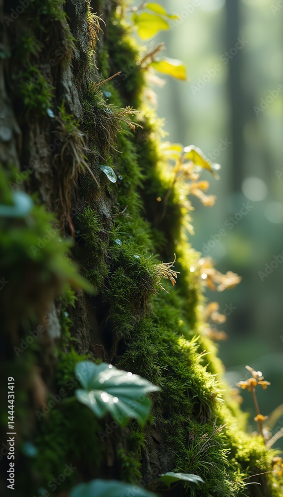 Poster Sunlight filters through a vibrant moss-covered tree trunk in a serene forest setting
