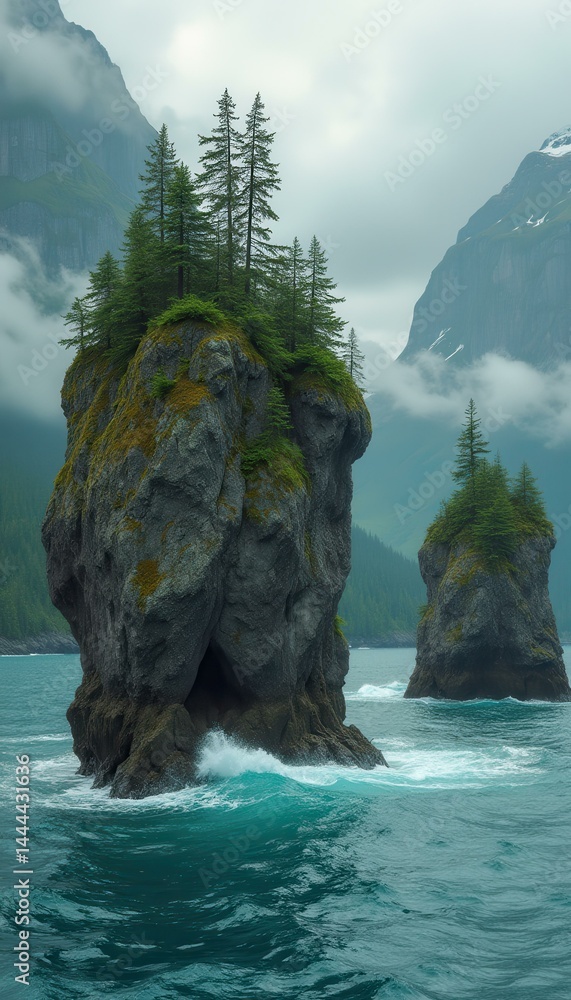 Poster dramatic coastal scene of rugged rock formations topped with evergreen trees in a misty marine envir