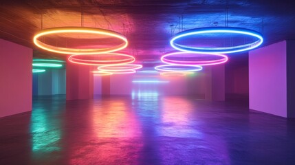 Vibrant interior space lit by colorful neon rings.