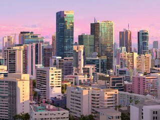 Obraz premium Colorful cityscape view at sunrise over modern structures.