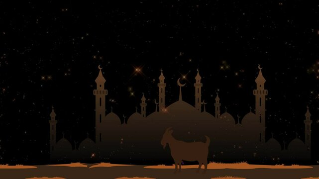 Looping Eid Al Adha Animation Concept with Islamic Elements Like Crescent Moon, Sheep, Lanterns, and Golden Texts for Peaceful, Spiritual, and Festive Visual Presentations