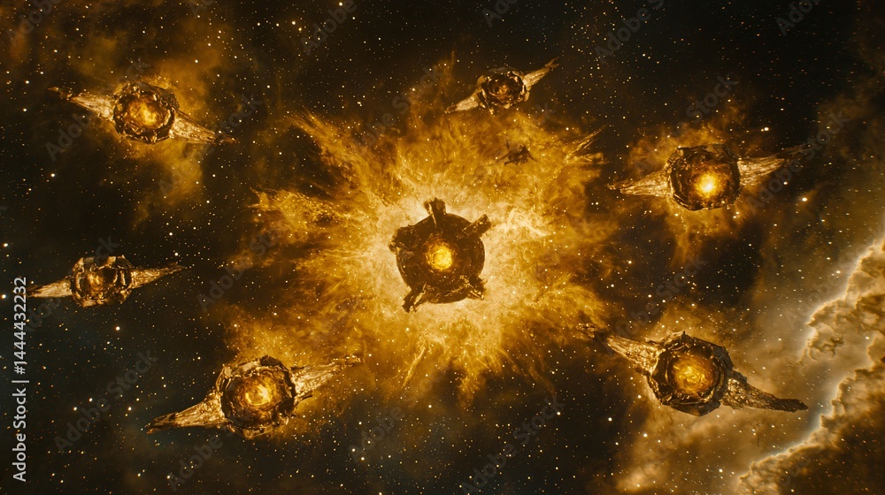 Poster dynamic scene of spaceships flying through a colorful nebula with high-key lighting effects and cele