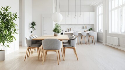 Modern dining area with kitchen, plants, and natural light