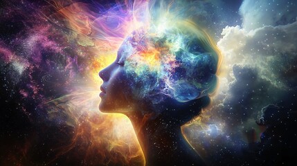 Striking portrait of a woman surrounded by a beautiful nebula in the background creating a surreal dreamlike energy field with ethereal illusions