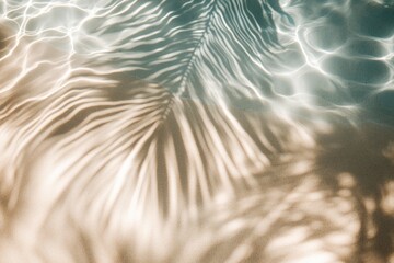 Abstract underwater view of a palm leaf shadow on rippling pool water  Soft, muted tones create a tranquil scene