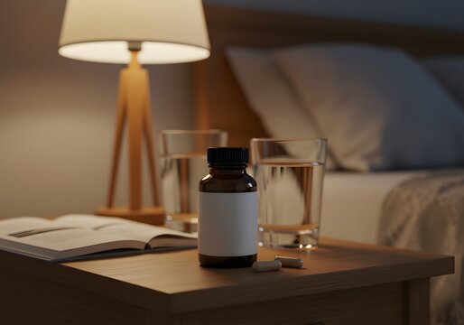 Nighttime bedside scene featuring medication, water, and a calming ambiance