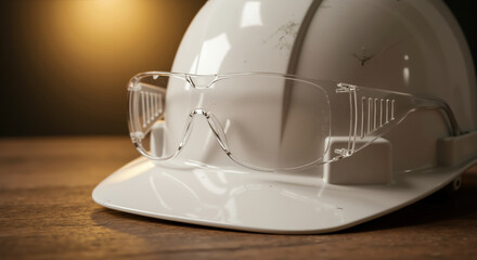 White safety helmet with transparent protective glasses on wooden surface. Construction safety equipment for building site workers. Workplace protection and industrial safety standards