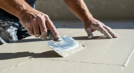 Hands applying joint compound to drywall with putty knife in sunlight. Close up of construction worker smoothing plaster on white surface. Wall repair and finishing techniques