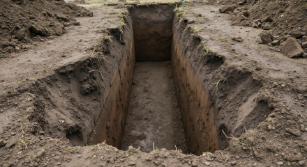 Deep trench excavation with vertical soil walls in construction site. Narrow rectangular pit dug for foundation or utility installation. Civil engineering and underground construction works