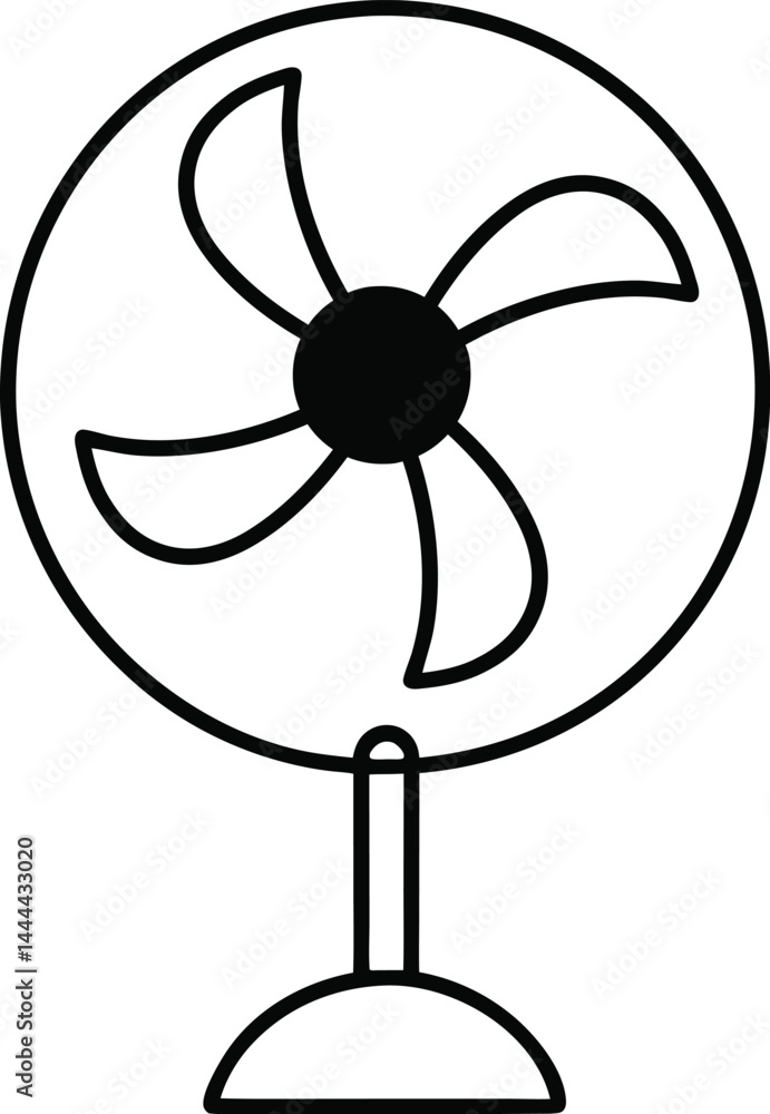 Poster electric fan illustrated in continuous line art style capturing everyday objects with minimalist ele