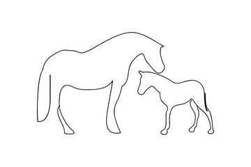 Minimalist outline illustration of a mare and foal horses graceful equine design