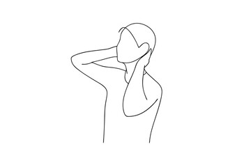Minimalist line art illustration of woman touching neck in relaxing posture