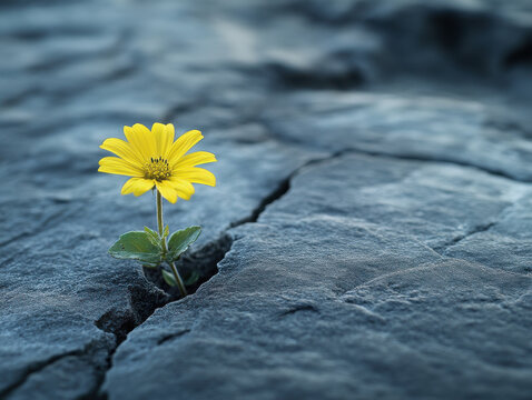 Fototapeta Resilient yellow flower blooms through crack in rocky ground, symbolizing perseverance and strength in adversity. contrast between vibrant flower and rugged surface highlights nature tenacity