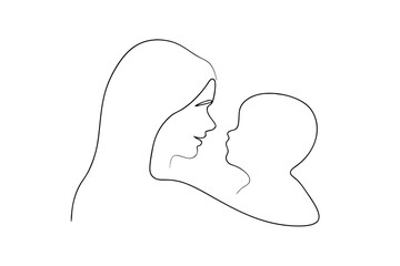 Elegant one line art mother and baby minimalist illustration black outline
